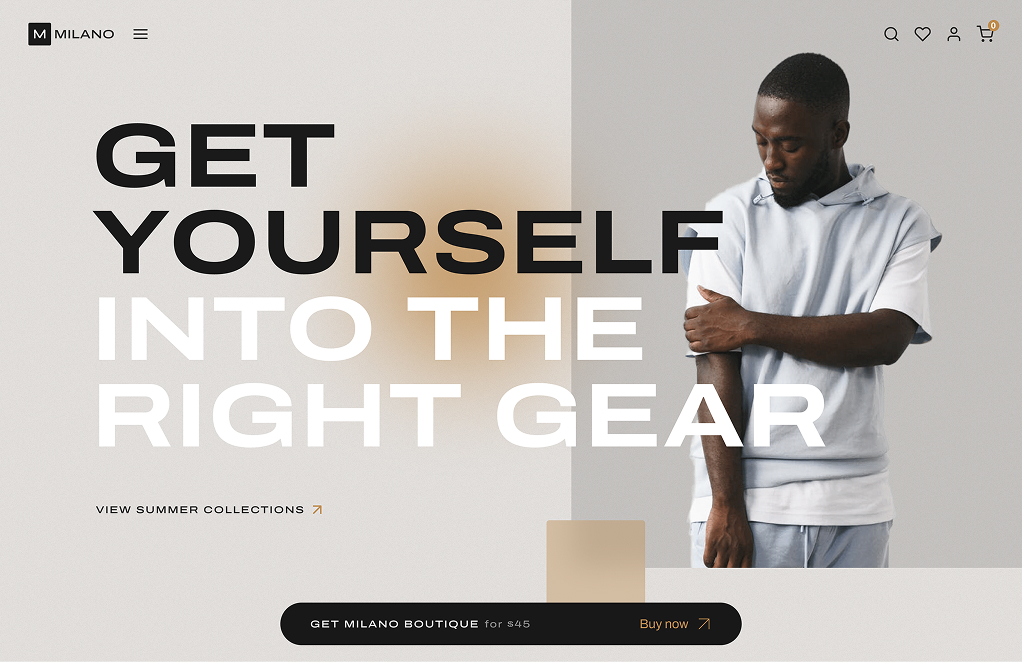 Screenshot of the Milano template, an apparel storefront with a full-width hero and a promotional bar